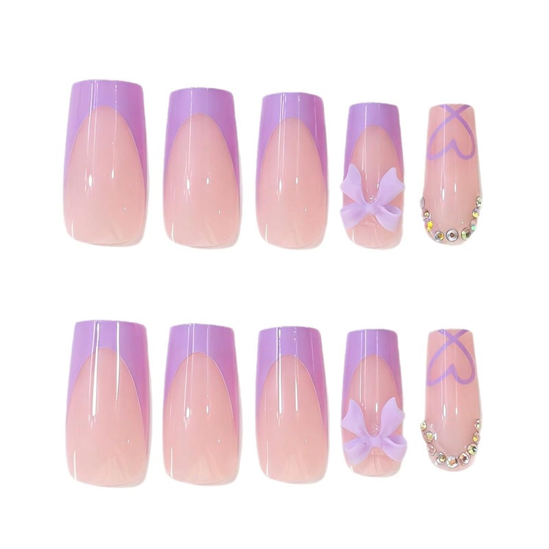 CTTHNBD Medium Press on Nails Coffin - Purple French Tip Fake Nails with Bow Charms Design - Heart False Nails Press ons - for Women 24 Pcs - Image 5